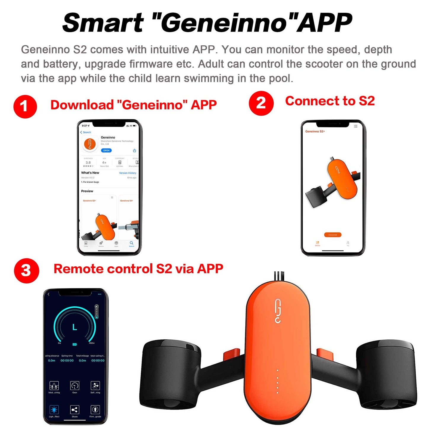 GENEINNO S2 Underwater Scooter,Dual Motors and Smart APP Support,Sea Scooter for Swimming Scuba Free Diving Snorkeling for Kids Adults